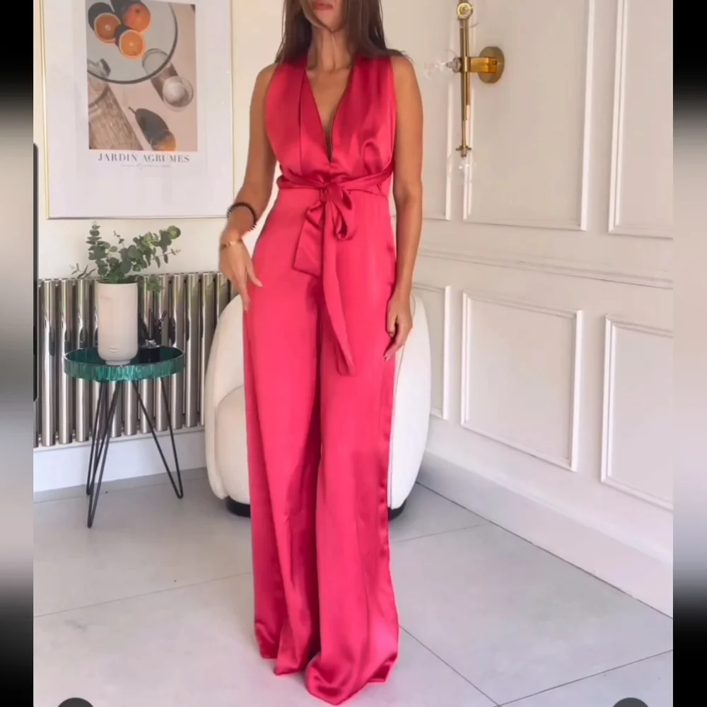Zara * Satin Effect Jumpsuit Wide Leg Pink Long Size XS